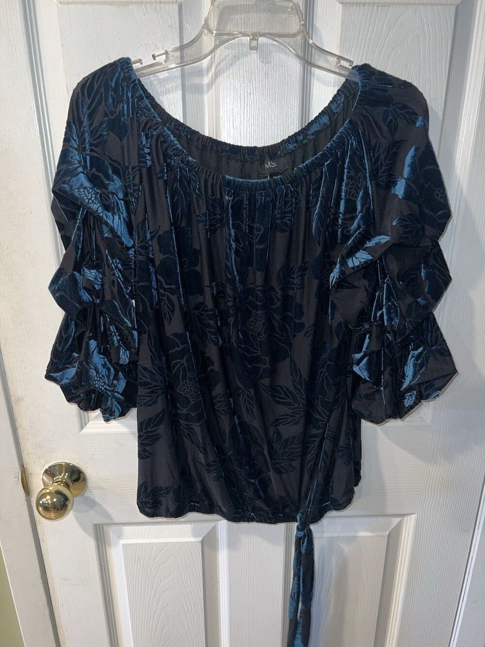 MSK Puff Sleeve Top Womens XL Burnout Off Shoulder Tie Waist Whimsigoth New - Picture 10 of 11